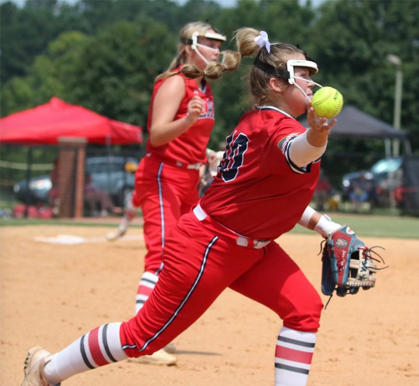Leake Academy’s Jenna Chamblee makes a throw to first base against Hartfield on Saturday.